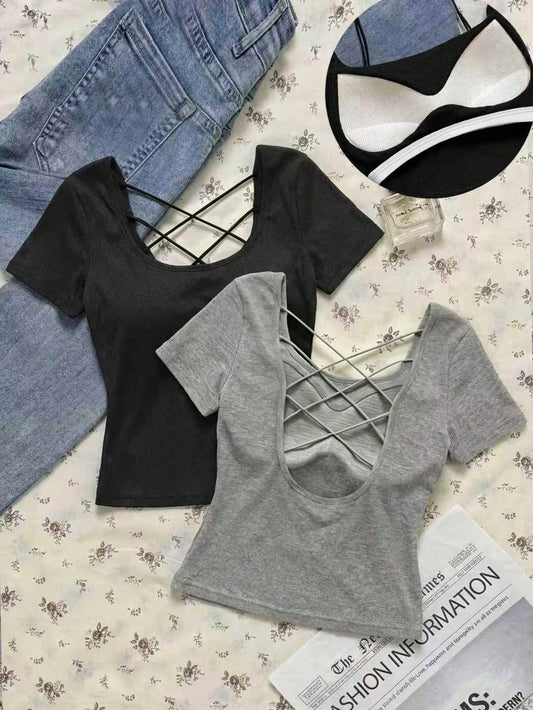 EZwear Women's Black Light Grey Summer Casual Sexy Night Out Solid Color Ribbed T-Shirt With Padded Bra, Elegant Camisole Top, Y2K Outing Party Commute Wear