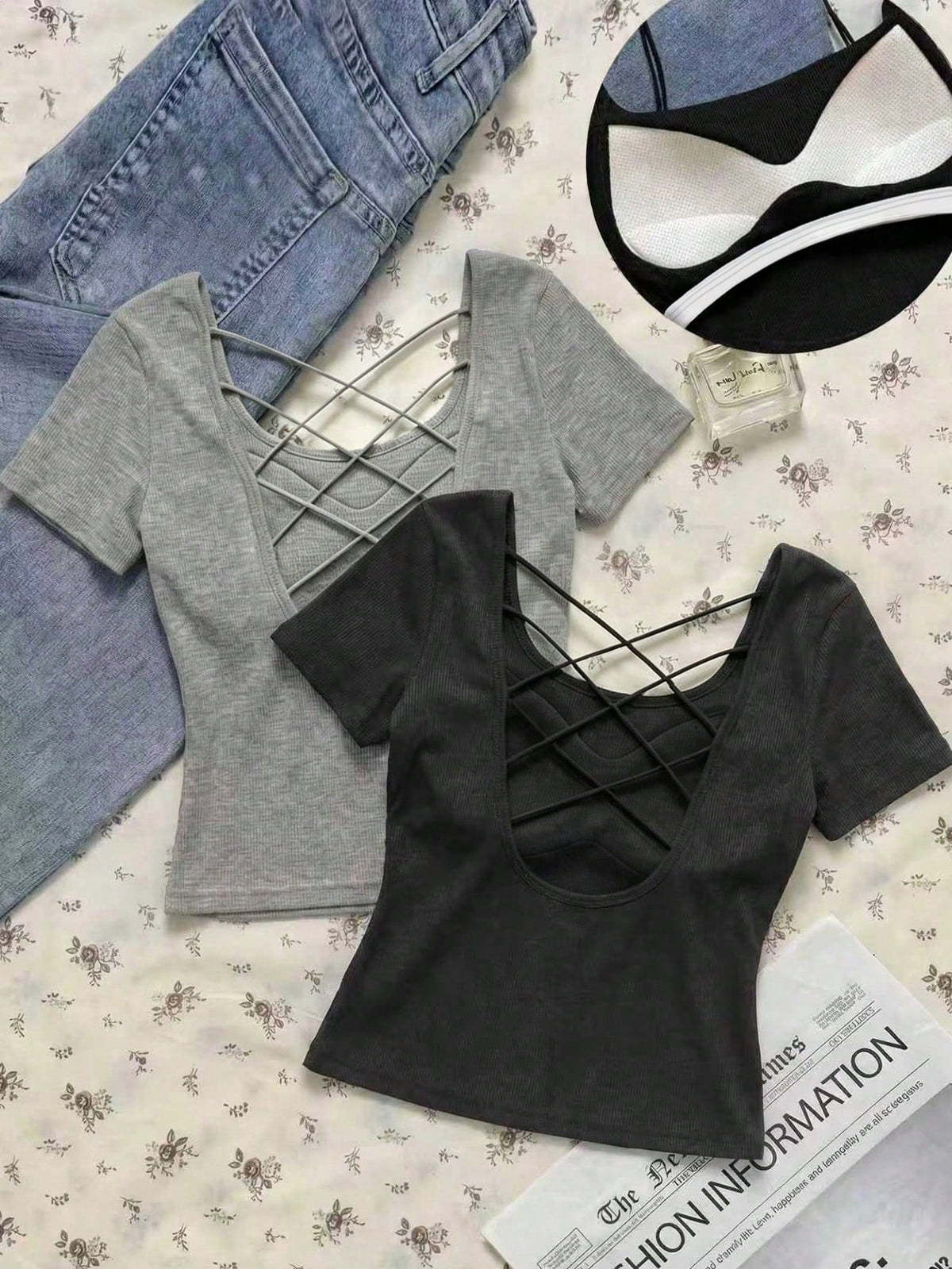 EZwear Women's Black Light Grey Summer Casual Sexy Night Out Solid Color Ribbed T-Shirt With Padded Bra, Elegant Camisole Top, Y2K Outing Party Commute Wear