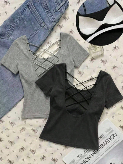 EZwear Women's Black Light Grey Summer Casual Sexy Night Out Solid Color Ribbed T-Shirt With Padded Bra, Elegant Camisole Top, Y2K Outing Party Commute Wear