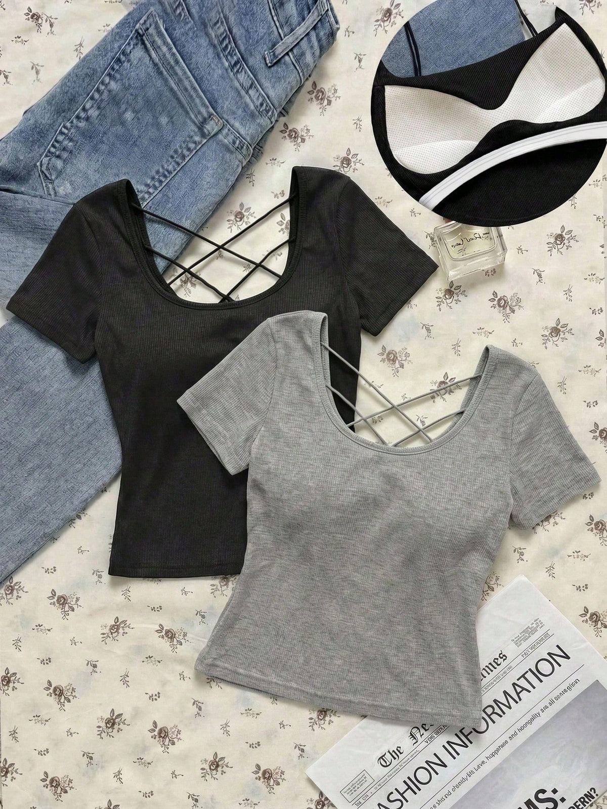 EZwear Women's Black Light Grey Summer Casual Sexy Night Out Solid Color Ribbed T-Shirt With Padded Bra, Elegant Camisole Top, Y2K Outing Party Commute Wear
