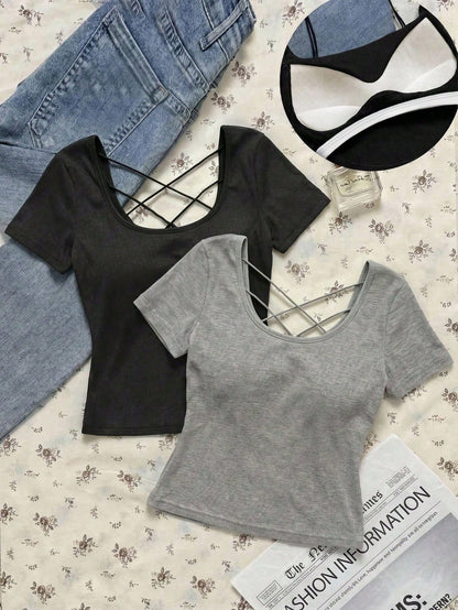 EZwear Women's Black Light Grey Summer Casual Sexy Night Out Solid Color Ribbed T-Shirt With Padded Bra, Elegant Camisole Top, Y2K Outing Party Commute Wear