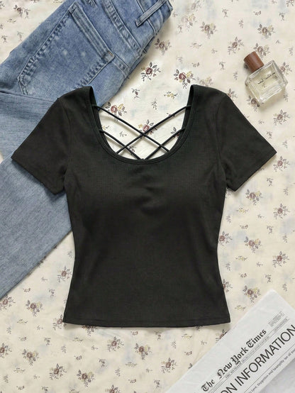 EZwear Women's Black Light Grey Summer Casual Sexy Night Out Solid Color Ribbed T-Shirt With Padded Bra, Elegant Camisole Top, Y2K Outing Party Commute Wear