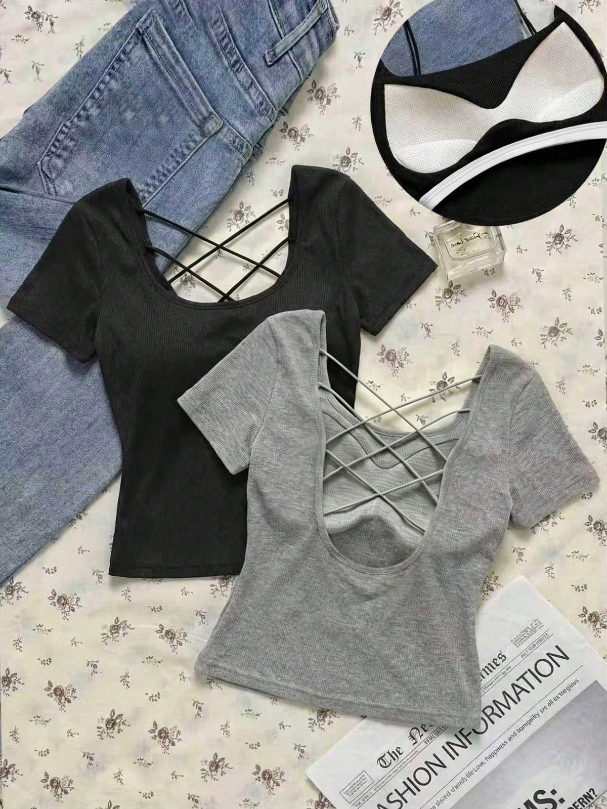 EZwear Women's Black Light Grey Summer Casual Sexy Night Out Solid Color Ribbed T-Shirt With Padded Bra, Elegant Camisole Top, Y2K Outing Party Commute Wear