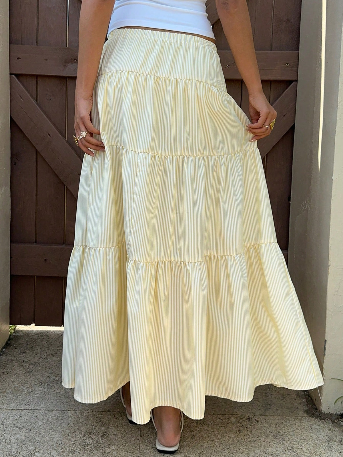 EZwear Women's Butter Yellow Striped Long Skirt, Vacation Beach Summer Breezy