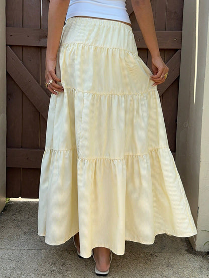 EZwear Women's Butter Yellow Striped Long Skirt, Vacation Beach Summer Breezy