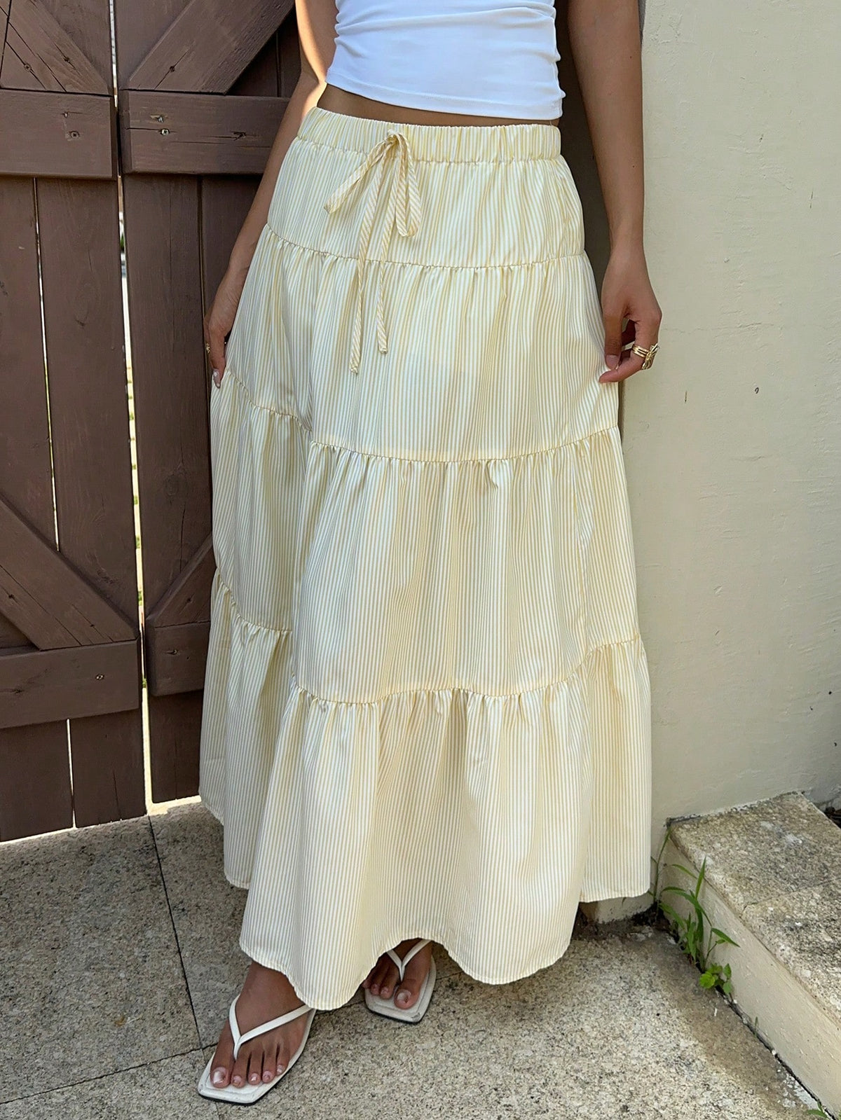 EZwear Women's Butter Yellow Striped Long Skirt, Vacation Beach Summer Breezy