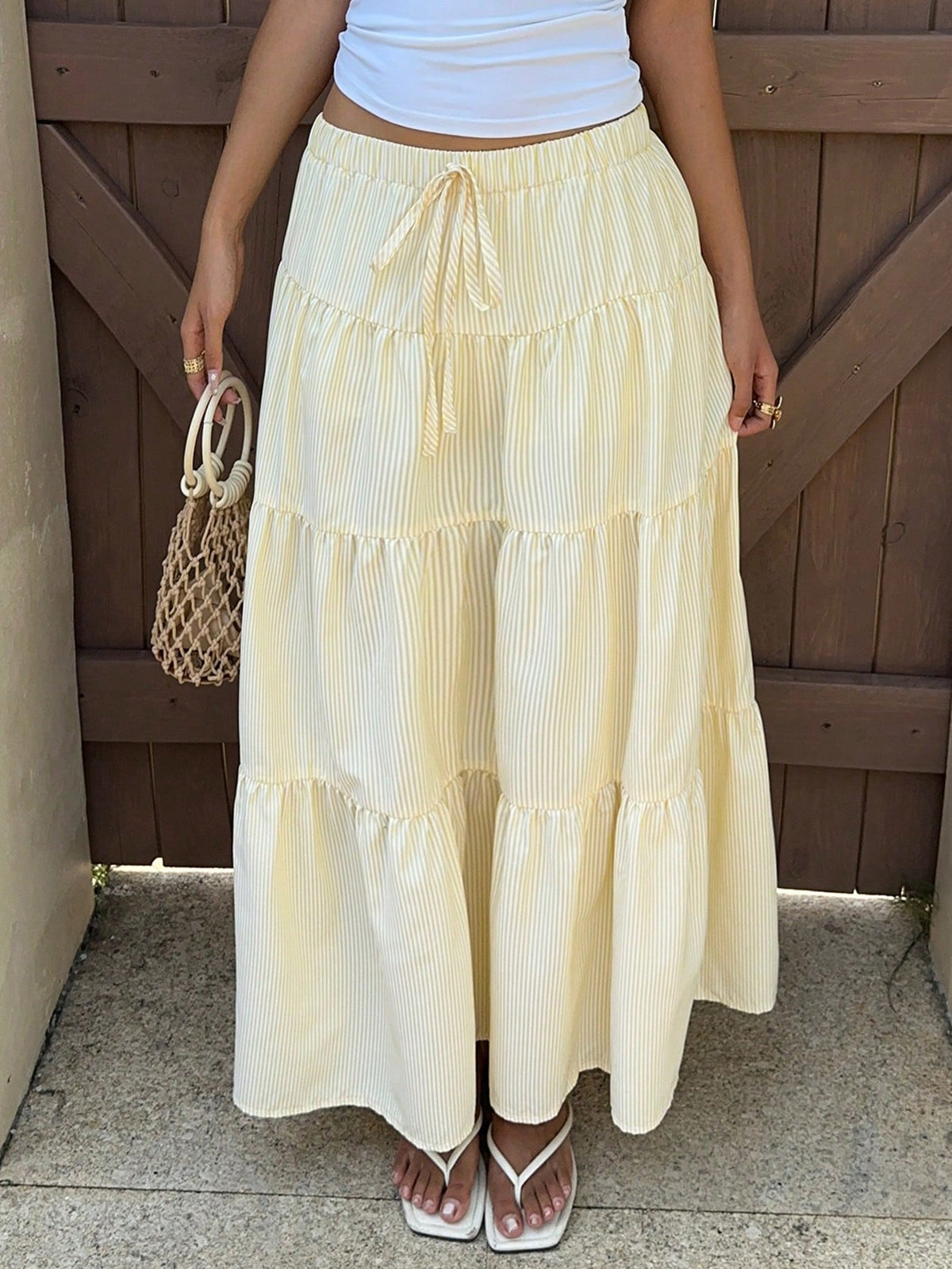 EZwear Women's Butter Yellow Striped Long Skirt, Vacation Beach Summer Breezy
