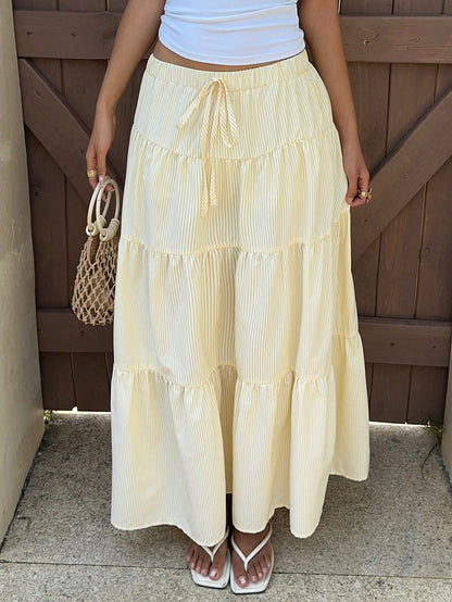 EZwear Women's Butter Yellow Striped Long Skirt, Vacation Beach Summer Breezy