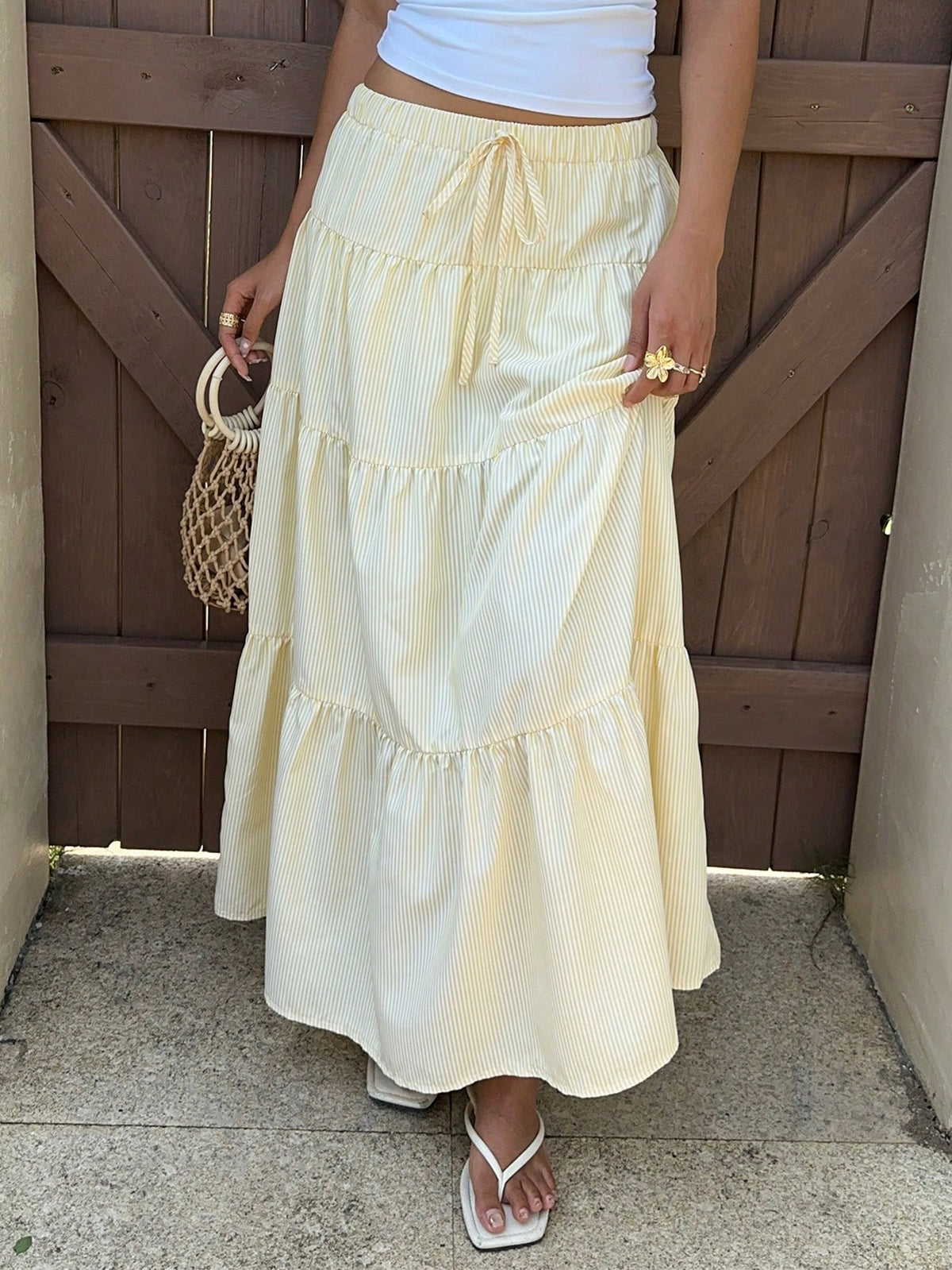 EZwear Women's Butter Yellow Striped Long Skirt, Vacation Beach Summer Breezy