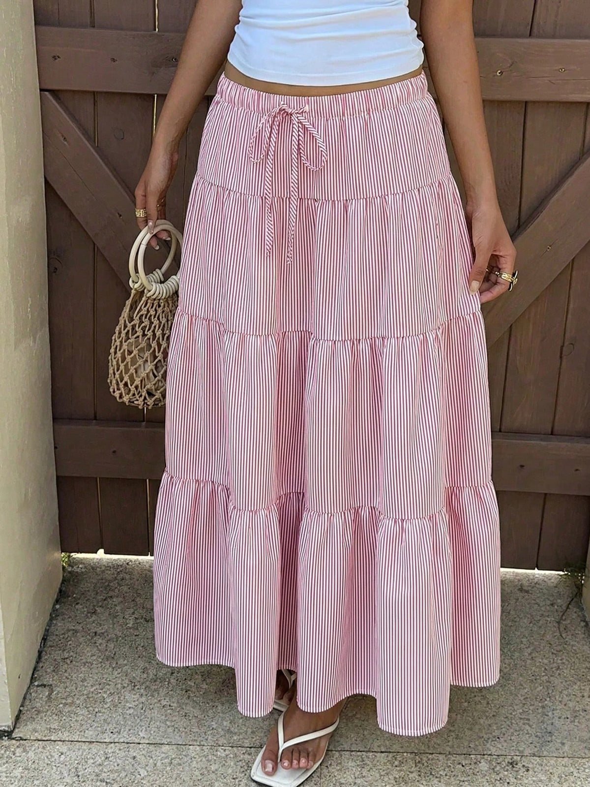 EZwear Women's Butter Yellow Striped Long Skirt, Vacation Beach Summer Breezy