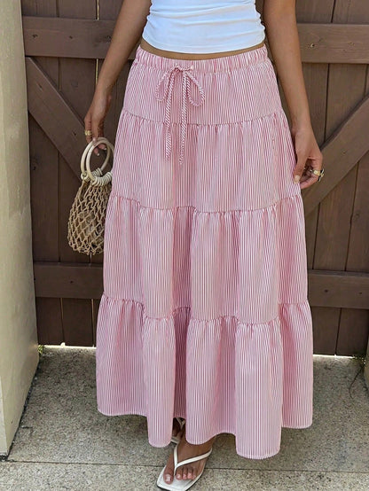 EZwear Women's Butter Yellow Striped Long Skirt, Vacation Beach Summer Breezy