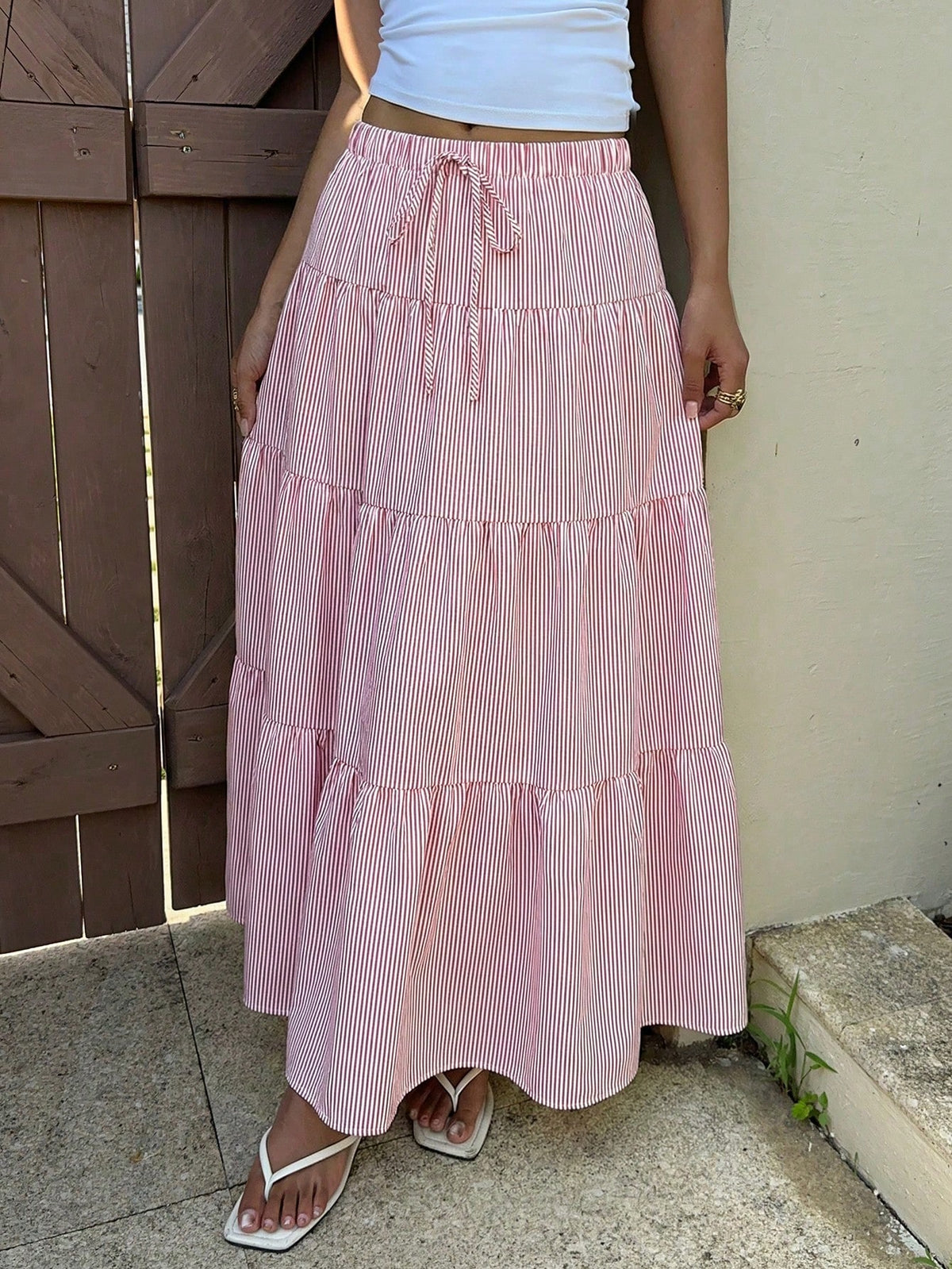 EZwear Women's Butter Yellow Striped Long Skirt, Vacation Beach Summer Breezy