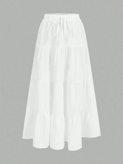 EZwear Women's Casual Holiday Multi-Layer Cake Hem Skirt, Suitable For Summer White Tiered Skirt Long White Skirt Drawstring Skirt Summer Skirt Chic Dress