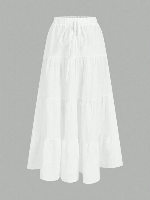 EZwear Women's Casual Holiday Multi-Layer Cake Hem Skirt, Suitable For Summer White Tiered Skirt Long White Skirt Drawstring Skirt Summer Skirt Chic Dress