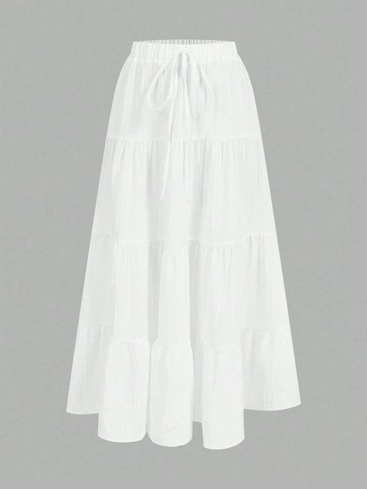 EZwear Women's Casual Holiday Multi-Layer Cake Hem Skirt, Suitable For Summer White Tiered Skirt Long White Skirt Drawstring Skirt Summer Skirt Chic Dress