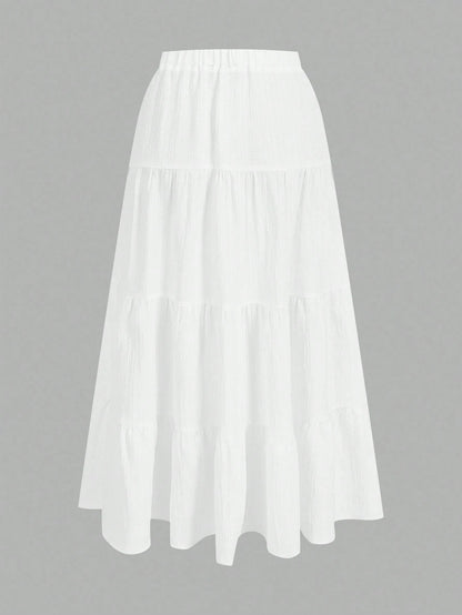 EZwear Women's Casual Holiday Multi-Layer Cake Hem Skirt, Suitable For Summer White Tiered Skirt Long White Skirt Drawstring Skirt Summer Skirt Chic Dress