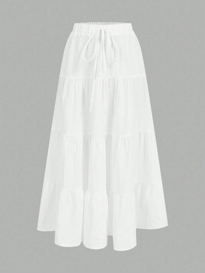 EZwear Women's Casual Holiday Multi-Layer Cake Hem Skirt, Suitable For Summer White Tiered Skirt Long White Skirt Drawstring Skirt Summer Skirt Chic Dress