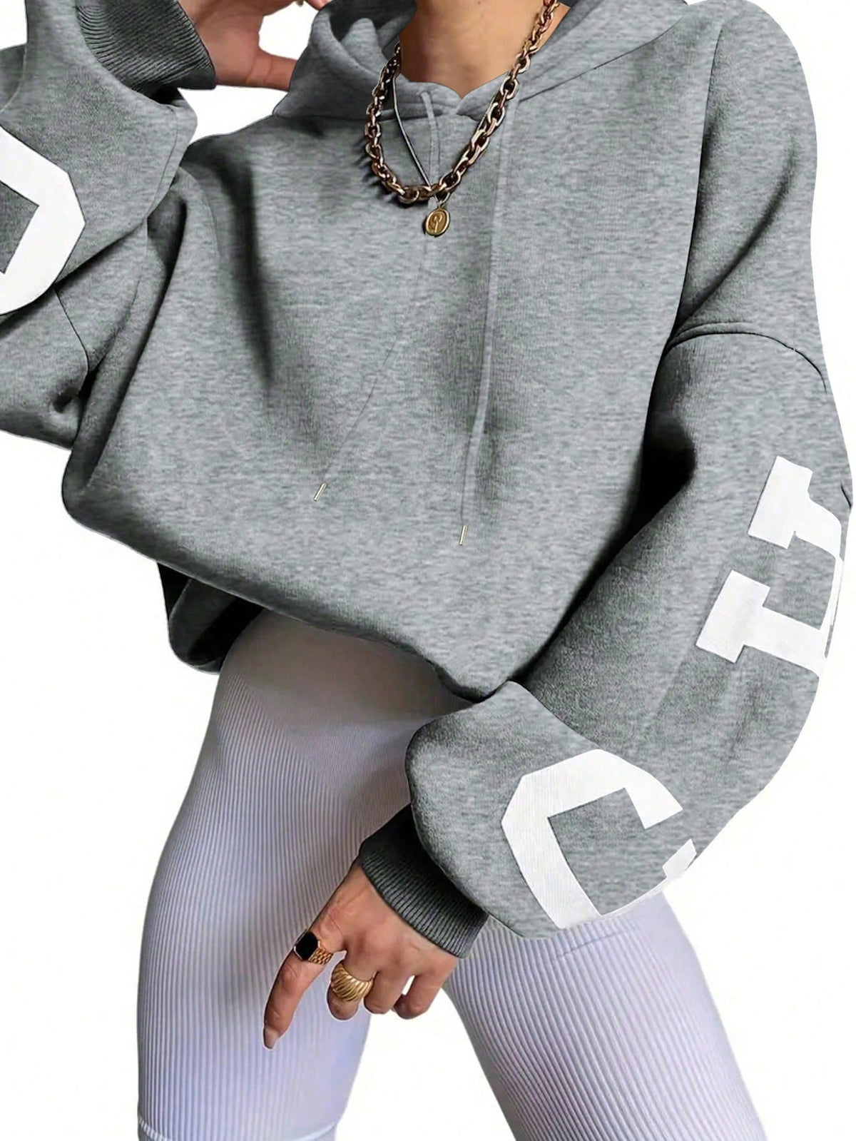EZwear Women's Hooded Drop Shoulder Sweatshirt,Letter Print Graduation,Teacher Back-To-School Pullover Fall Light Grey,Autumn,Streetwear,School Sweatshirt