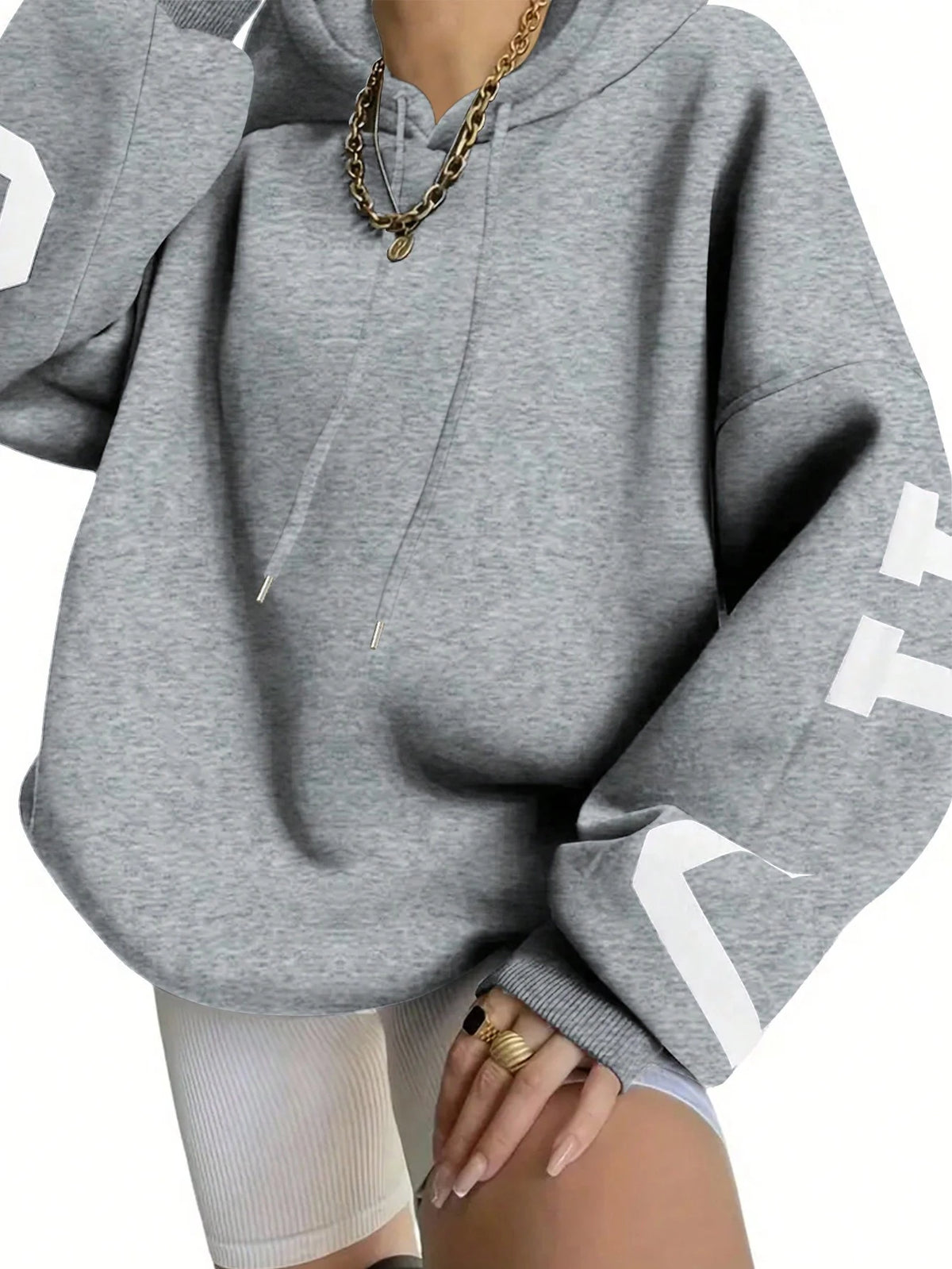 EZwear Women's Hooded Drop Shoulder Sweatshirt,Letter Print Graduation,Teacher Back-To-School Pullover Fall Light Grey,Autumn,Streetwear,School Sweatshirt