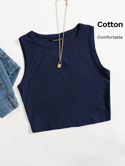 EZwear Women's Solid Color Round Neck Sleeveless Simple Top, Casual For Everyday Wear
