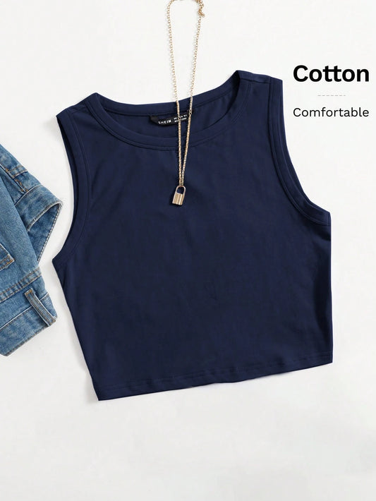 EZwear Women's Solid Color Round Neck Sleeveless Simple Top, Casual For Everyday Wear
