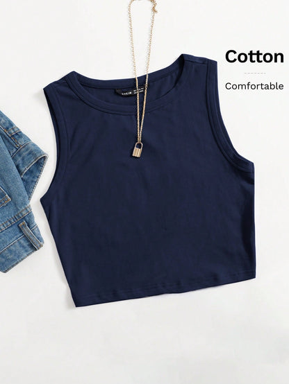 EZwear Women's Solid Color Round Neck Sleeveless Simple Top, Casual For Everyday Wear