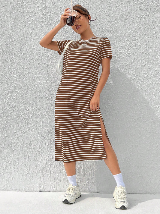 EZwear Women's Summer Casual Coffee Brown Knitted Striped Dress With Side Slit Hem