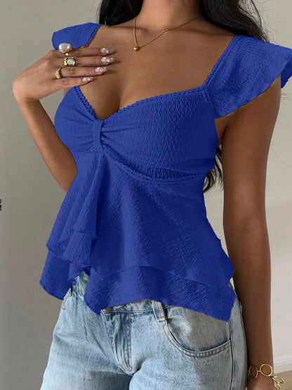 EZwear Women's Textured Knit Ruffle Hem Sweetheart Neck Cap Sleeve Elegant T-Shirt, Rave Top