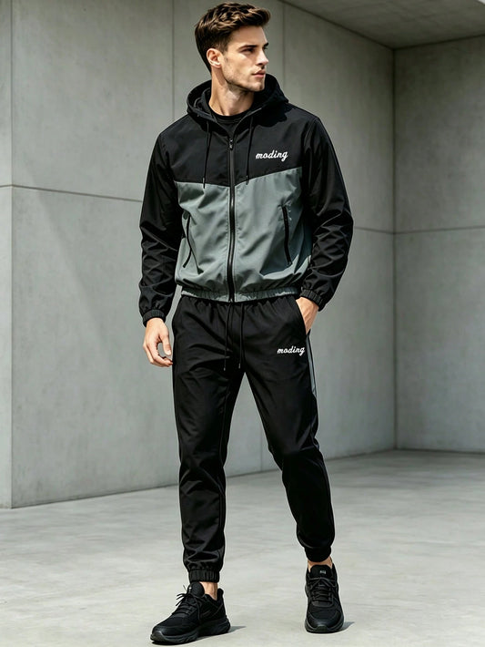 Fall Men's Color Block Zip Hooded Tracksuit Pants, Street Commute Fitness Running Casual 2 Pieces Outfit Sports