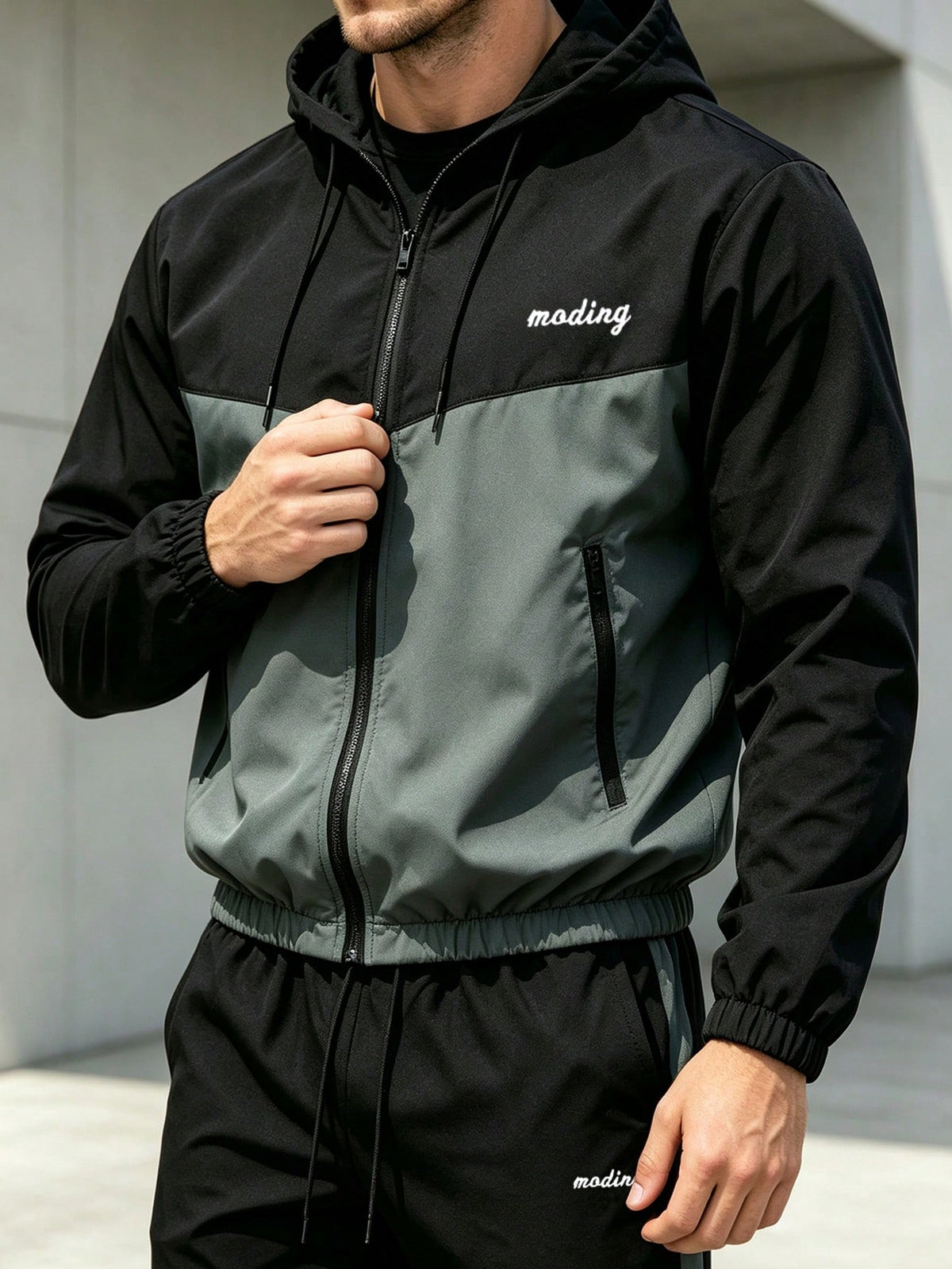 Fall Men's Color Block Zip Hooded Tracksuit Pants, Street Commute Fitness Running Casual 2 Pieces Outfit Sports