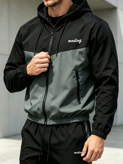Fall Men's Color Block Zip Hooded Tracksuit Pants, Street Commute Fitness Running Casual 2 Pieces Outfit Sports