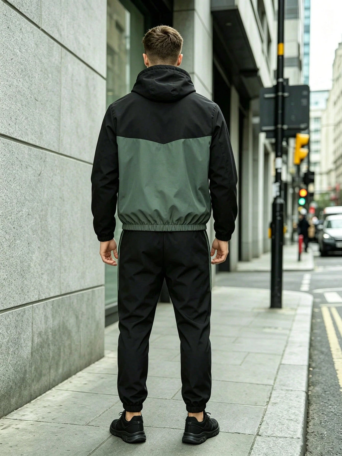 Fall Men's Color Block Zip Hooded Tracksuit Pants, Street Commute Fitness Running Casual 2 Pieces Outfit Sports