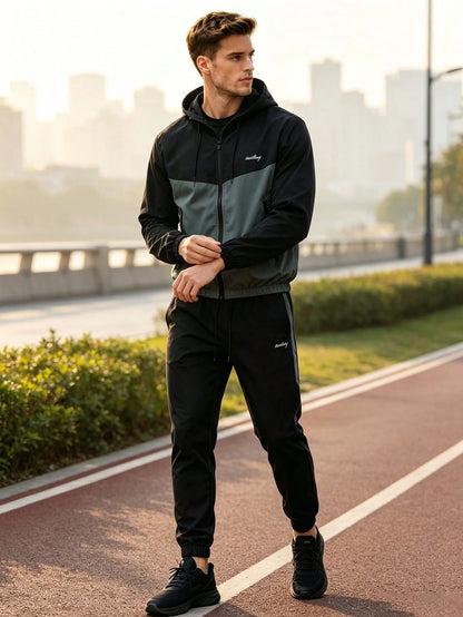 Fall Men's Color Block Zip Hooded Tracksuit Pants, Street Commute Fitness Running Casual 2 Pieces Outfit Sports