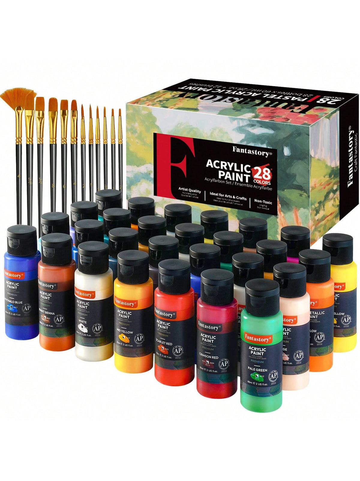 Fantastory Acrylic Paint Set, 28 Classic Colors(2oz), Professional Craft Paint Kit,Canvas/Rock/Stone/Ceramic/Model/Wood Painting With 12 Brushes,Back To School,School Supplies