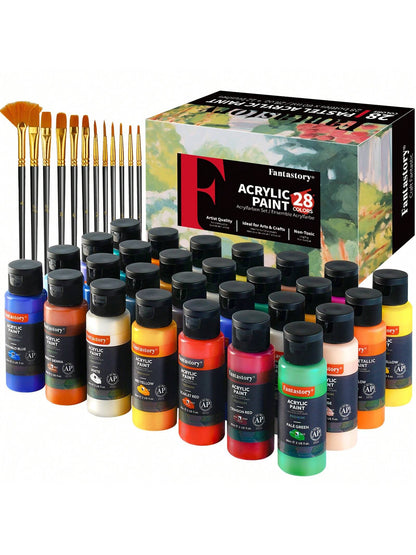 Fantastory Acrylic Paint Set, 28 Classic Colors(2oz), Professional Craft Paint Kit,Canvas/Rock/Stone/Ceramic/Model/Wood Painting With 12 Brushes,Back To School,School Supplies
