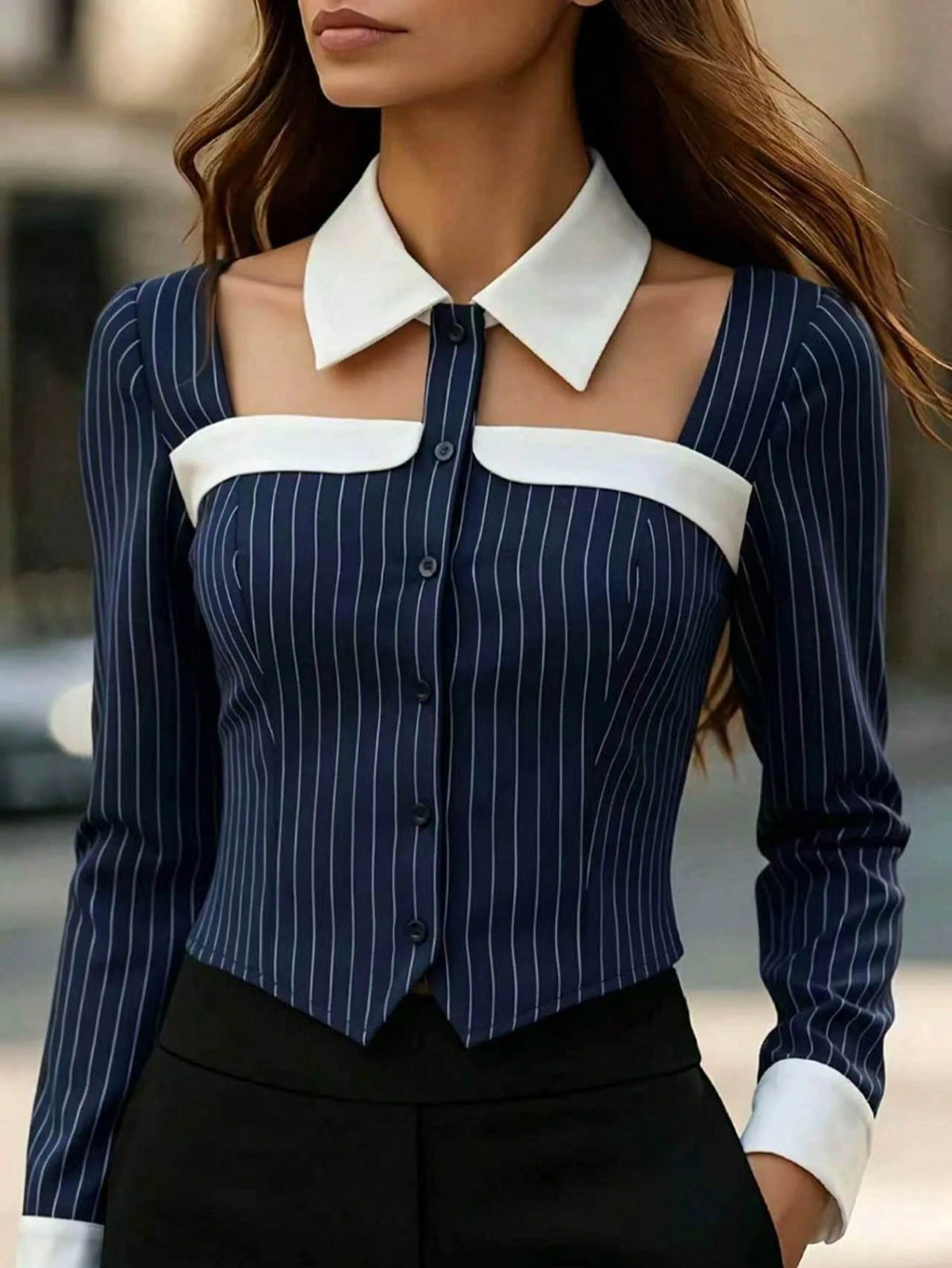 Fashionable All-Season Women's Fine Striped Long Sleeve Shirt With Collar And Front Buttons, Suitable For Office Or Casual Occasions