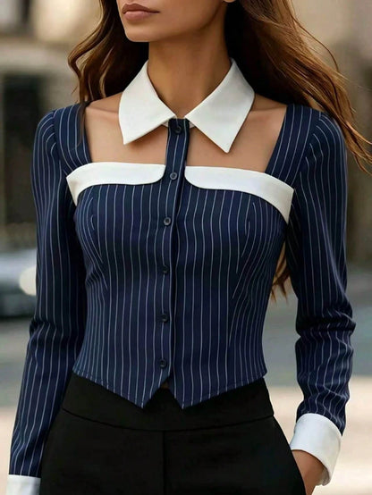 Fashionable All-Season Women's Fine Striped Long Sleeve Shirt With Collar And Front Buttons, Suitable For Office Or Casual Occasions