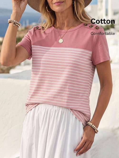 Faunlyn Contrast Color Striped Short Sleeve T-Shirt With Button Details