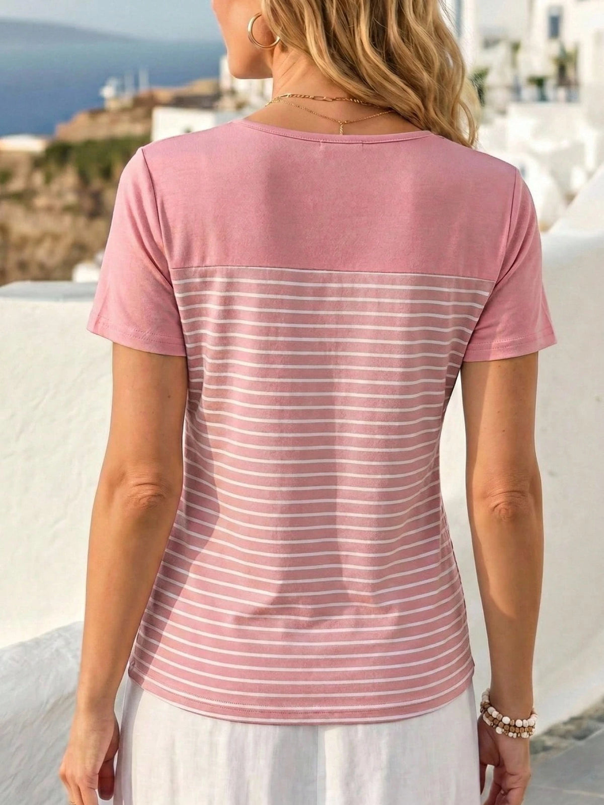 Faunlyn Contrast Color Striped Short Sleeve T-Shirt With Button Details