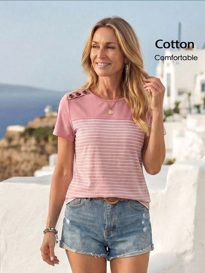 Faunlyn Contrast Color Striped Short Sleeve T-Shirt With Button Details