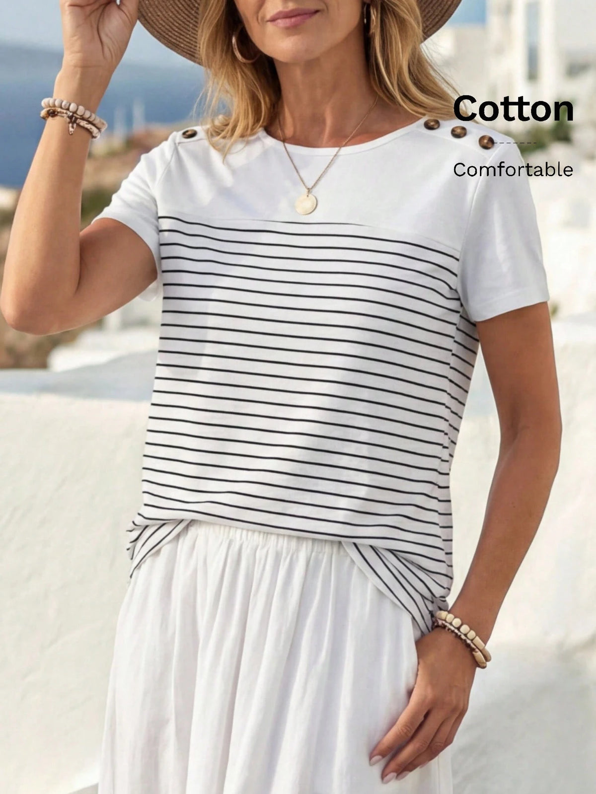 Faunlyn Contrast Color Striped Short Sleeve T-Shirt With Button Details