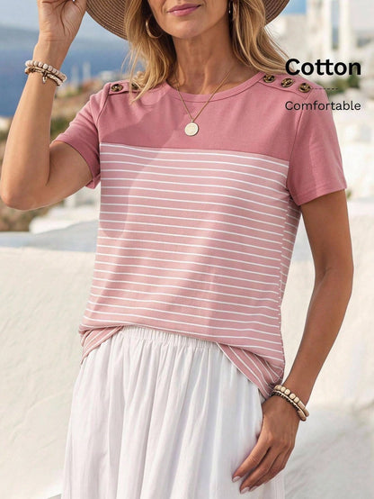 Faunlyn Contrast Color Striped Short Sleeve T-Shirt With Button Details
