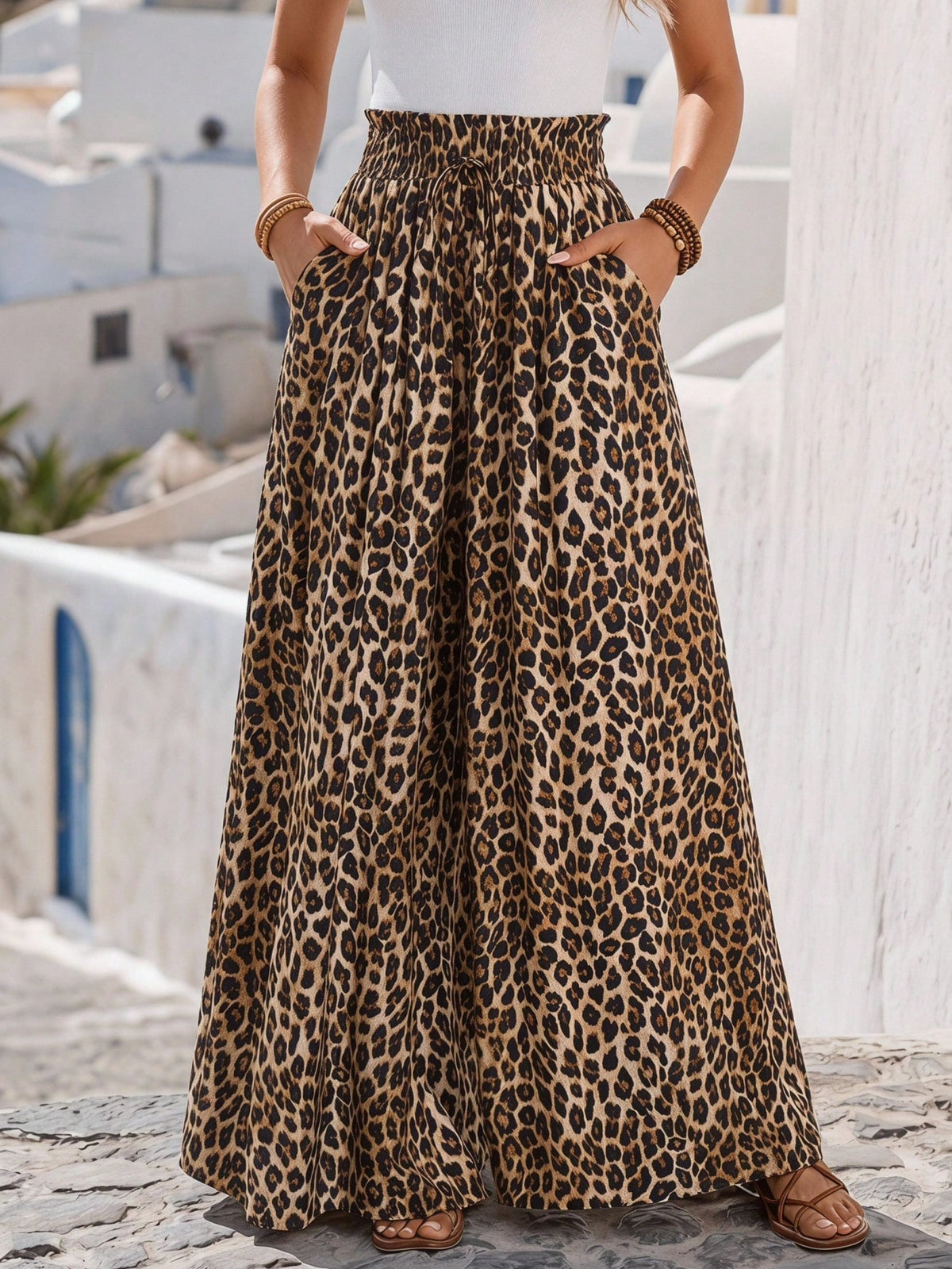 Faunlyn Women's Leopard Print Wide Leg Loose Pants With Waist Tie And Pockets