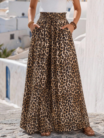 Faunlyn Women's Leopard Print Wide Leg Loose Pants With Waist Tie And Pockets