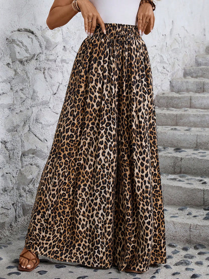 Faunlyn Women's Leopard Print Wide Leg Loose Pants With Waist Tie And Pockets