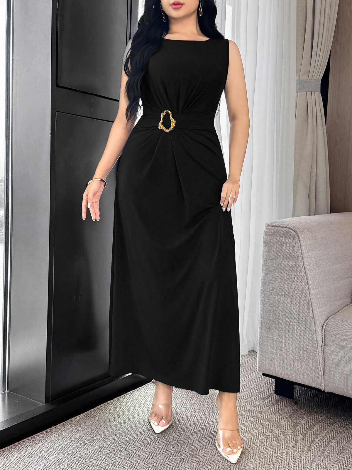 Feyla Waist Ruched, Metal Decor Button, Cinched Waist, Elegant Cocktail Party & Work Versatile Dress