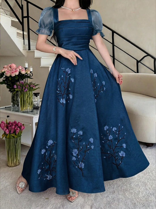 Feyla Women Elegant Long Dress Square Neck Puff Sleeve Floral Embroidered Blue A-Line Maxi Gown