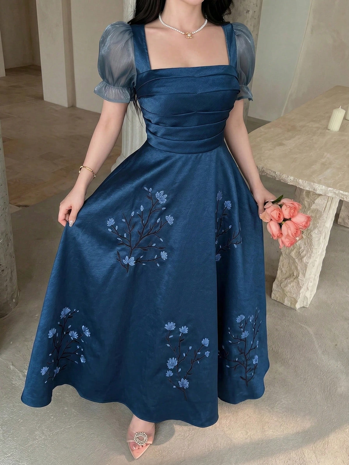 Feyla Women Elegant Long Dress Square Neck Puff Sleeve Floral Embroidered Blue A-Line Maxi Gown