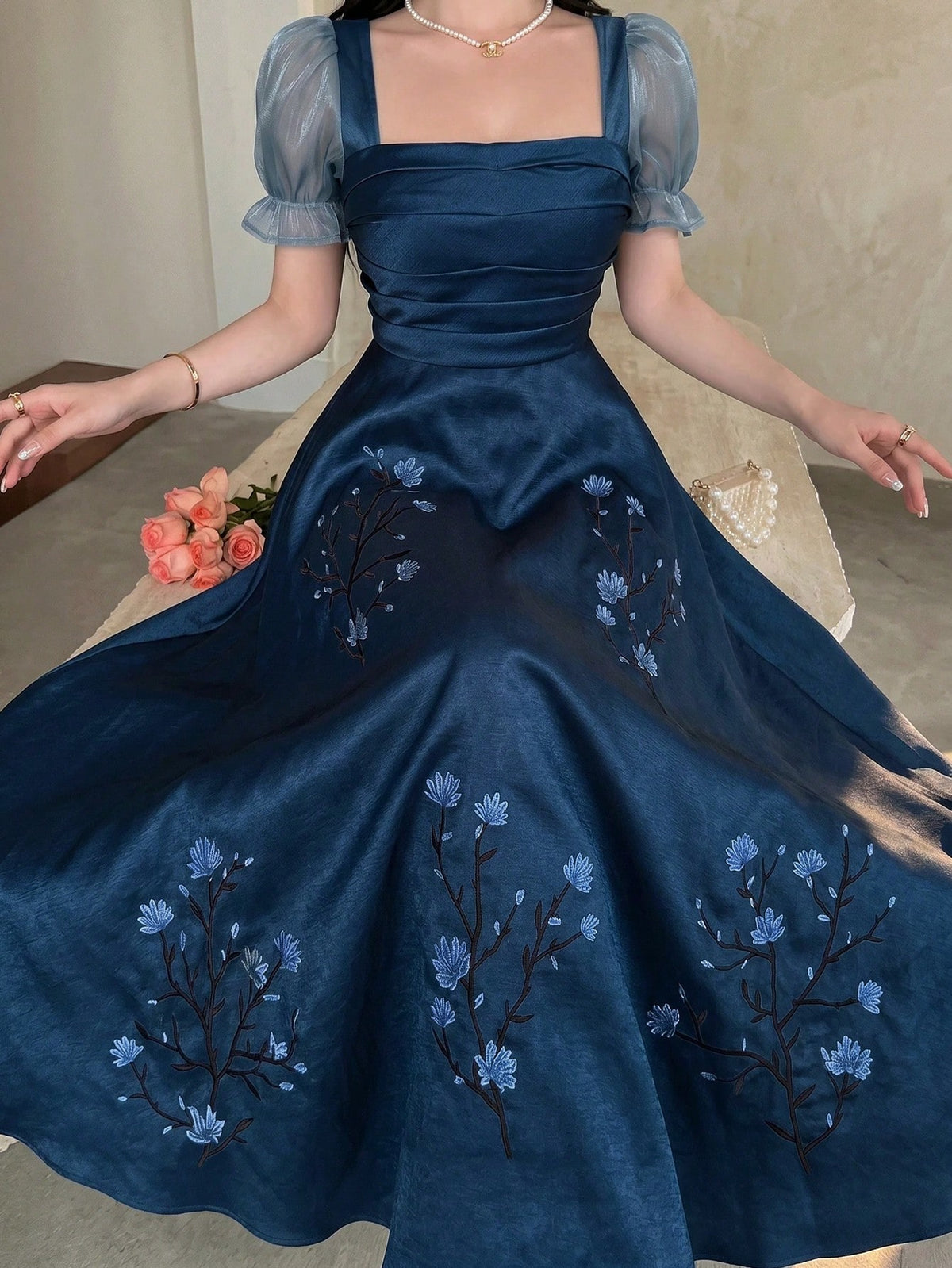 Feyla Women Elegant Long Dress Square Neck Puff Sleeve Floral Embroidered Blue A-Line Maxi Gown