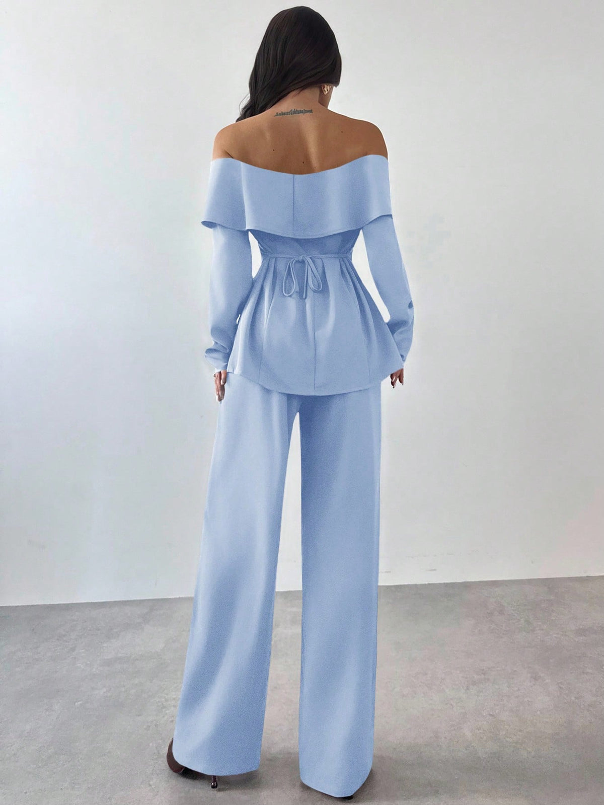 Firerie 2pcs Women Elegant Cold Shoulder Long Sleeve Top And Pants Set, Suitable For Commuting In Summer/ Party Aqua Blue